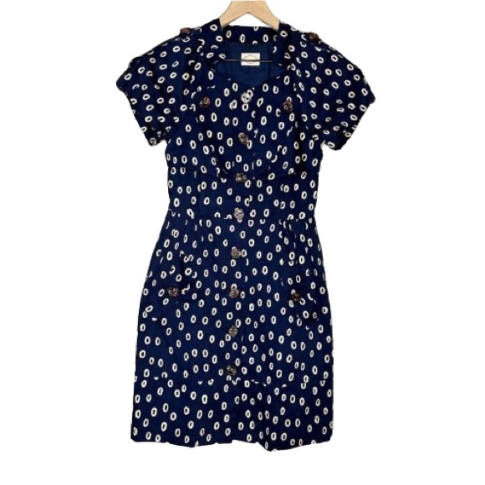 Women's S Reneevon Korea Version Fashion Dress Full Button Up Navy Circle Print